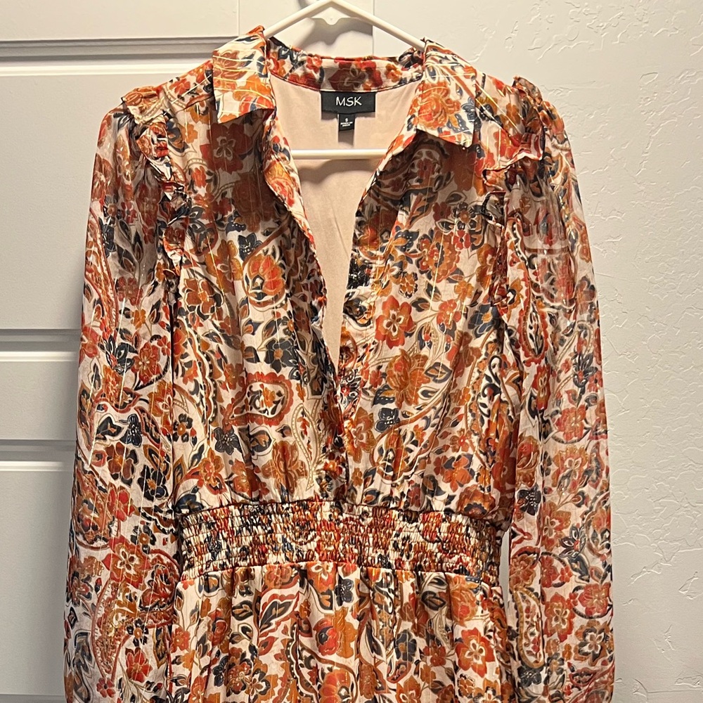 MSK Long Sleeve Floral Maxi Dress in Cream, Orange, Brown